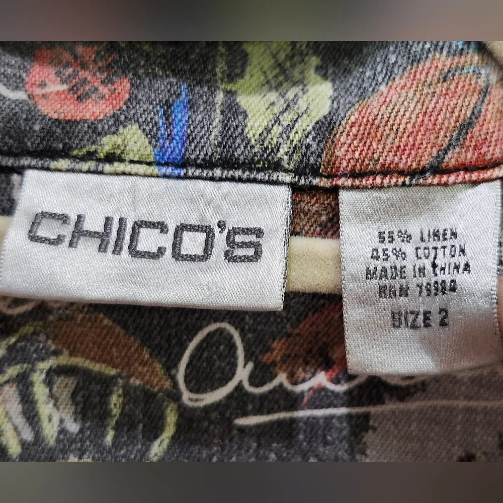 Chico's Black Linen Cotton Button Down Jacket Postcard Themed Print Women's 12